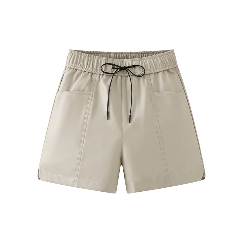 松紧抽绳高腰直筒PU短裤女设计感小众宽松休闲百搭裤子春