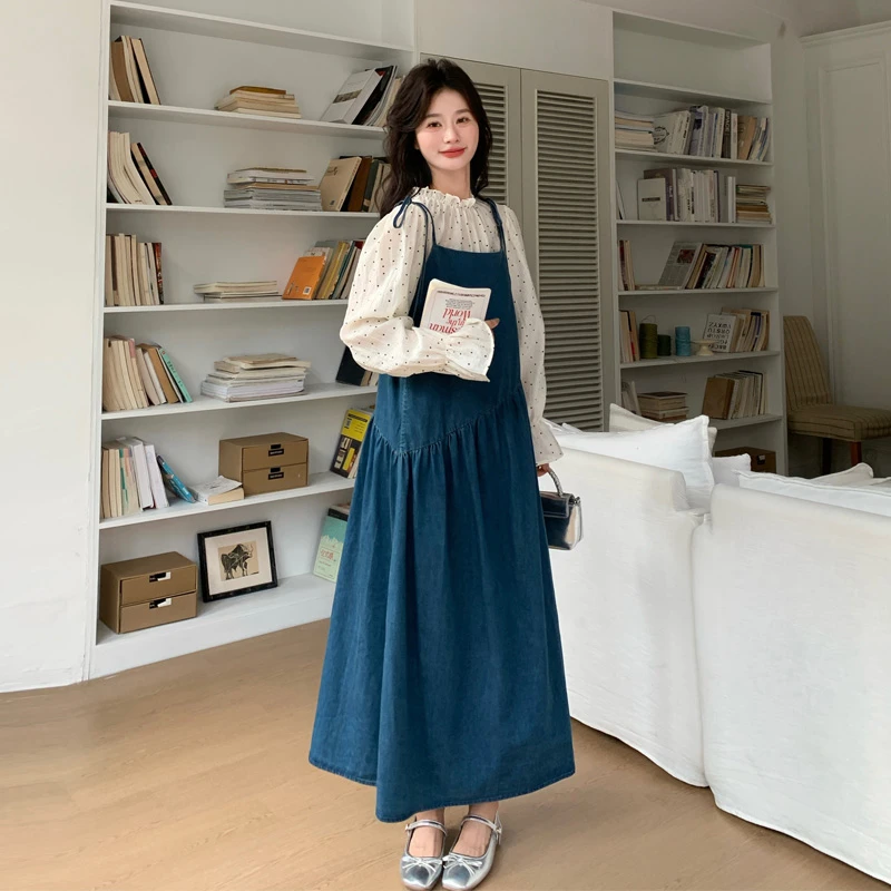韩系甜美套装裙2025早春新款波点荷叶小衫不规则牛仔吊带裙两件套