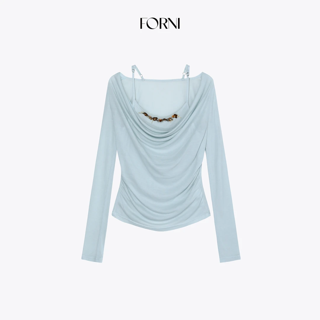 FORNI 海盐千层 超薄QQ糖天丝荡领打底亮片吊带假两件上衣