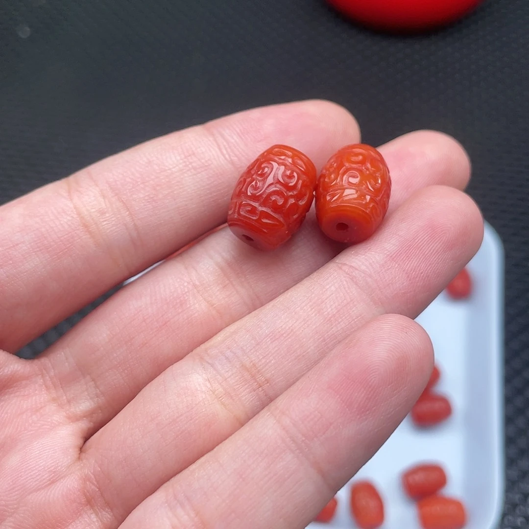 南红玛瑙12*16柿子红回纹桶珠一组2颗未镶嵌