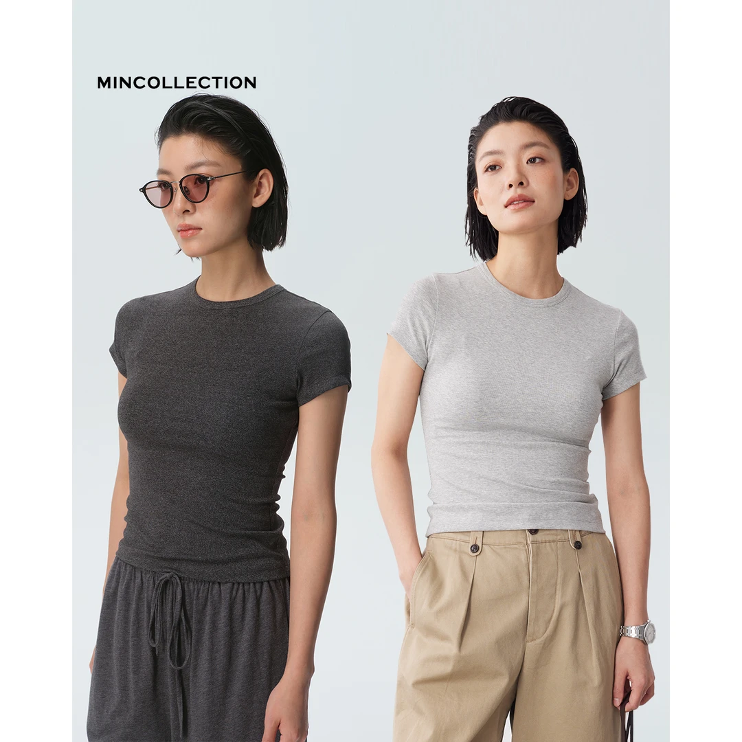DE Mincollection正肩显瘦T/灰色系弹力修身圆领显瘦短袖T恤52510