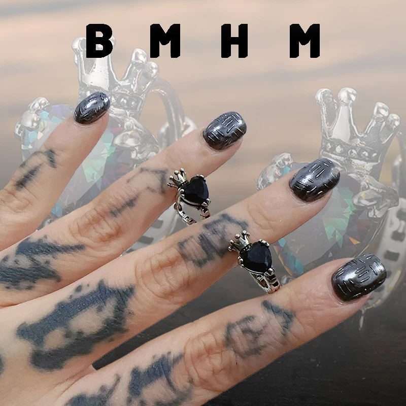 BMHM 铜合金耳饰 925银针复古黑钻皇冠爱心女小众个性时尚冷淡风