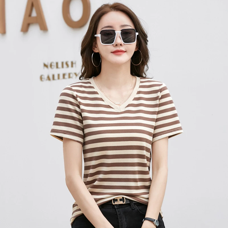 纯棉V领条纹撞色短袖T恤女夏天休闲洋气薄款减龄百搭上衣打底衫
