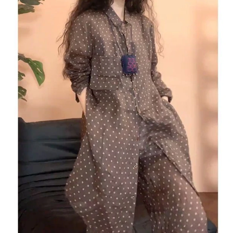 Y百搭宽松中长款上衣高腰休闲裤波点女新款女款长袖洋气套装