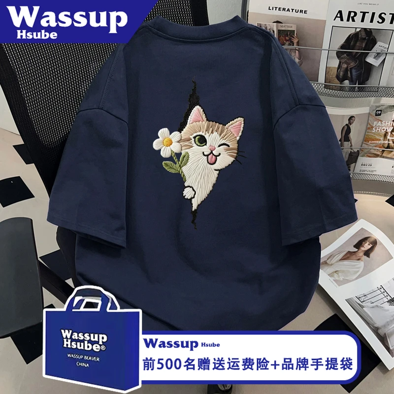 WASSUP HSUBE夏季藏青色个性半袖ins纯棉男女短袖可爱猫咪印花T恤