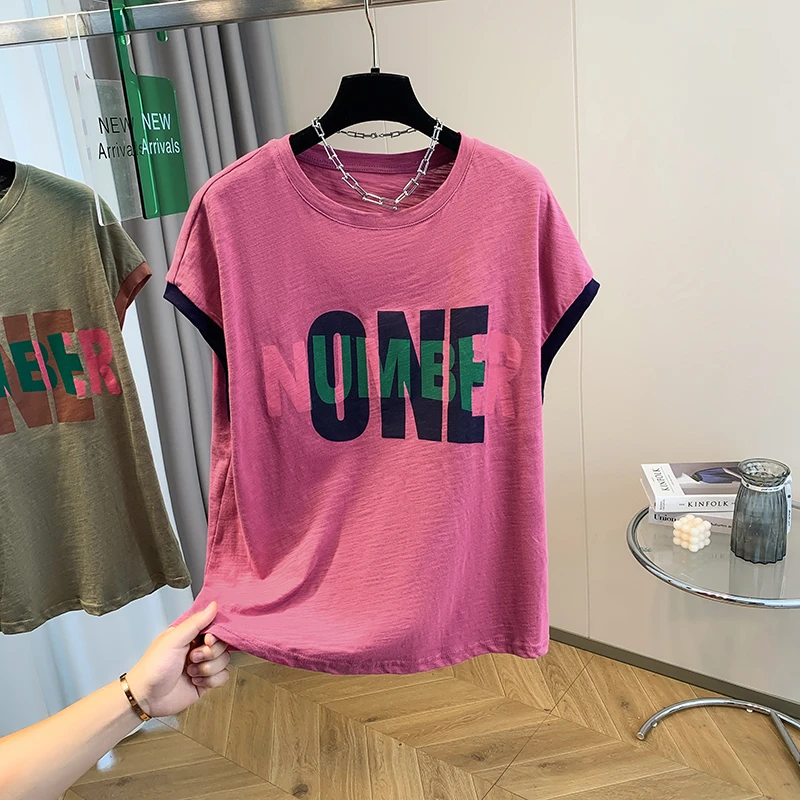 撞色休闲印花短袖t恤2025新款夏季百搭宽松圆领洋气小衫上衣女