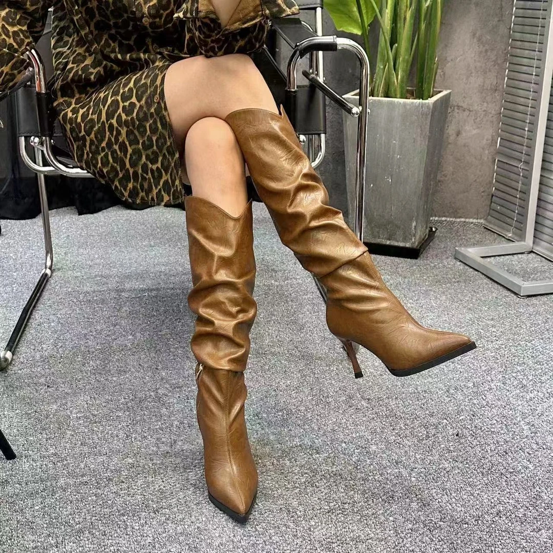 【反季特惠】秋季新款细跟尖头压花纹面款堆堆长靴时尚百搭长筒