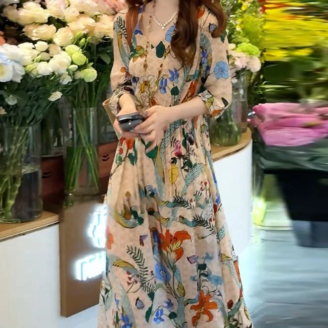 优雅气质风印花连衣裙女2025夏季新款长裙显瘦时尚洋气度假裙子女