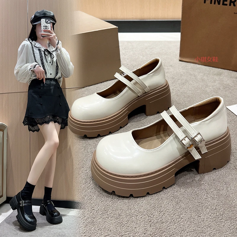 女鞋厚底玛丽珍鞋2025春秋新款JK配裙子小皮鞋浅口黑色粗高跟单鞋