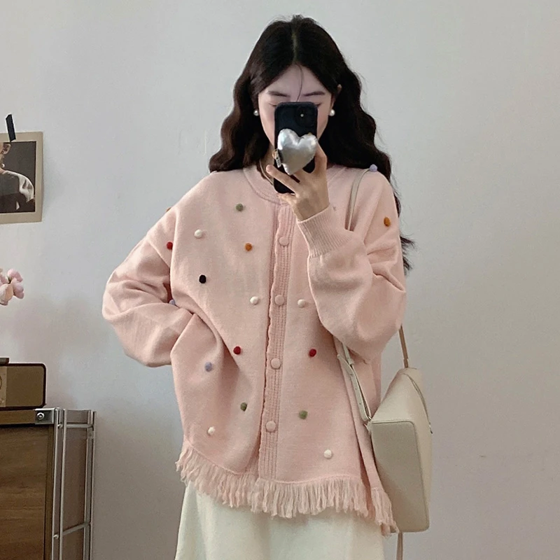 毛衣外套手工重工设计感针织开衫大码女装微胖减龄可爱宽松慵懒风