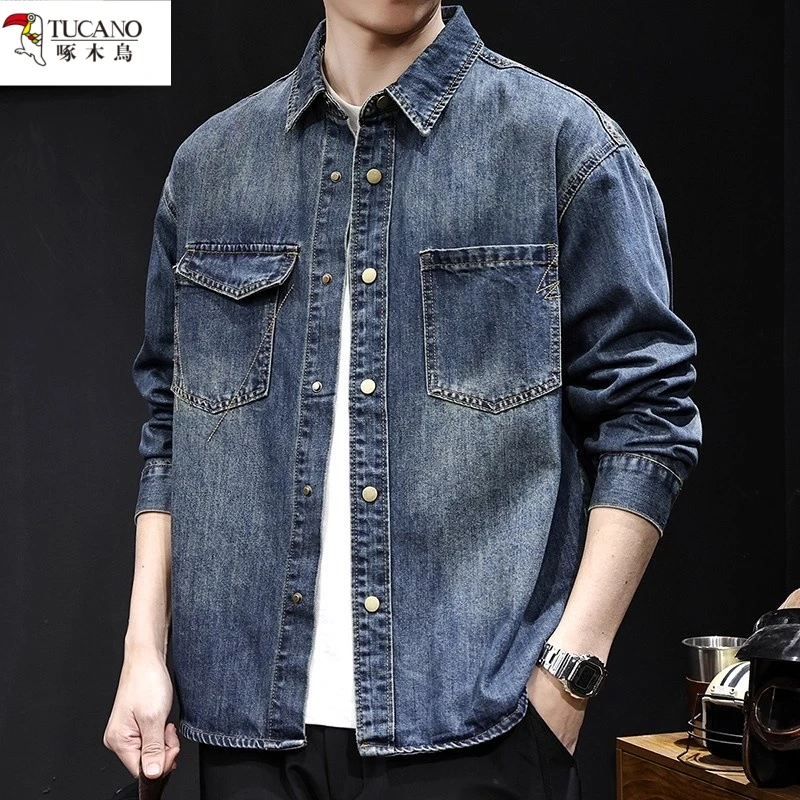 啄木鸟高端潮牌牛仔衬衫外套2025新款秋季男装大码休闲夹克春秋款