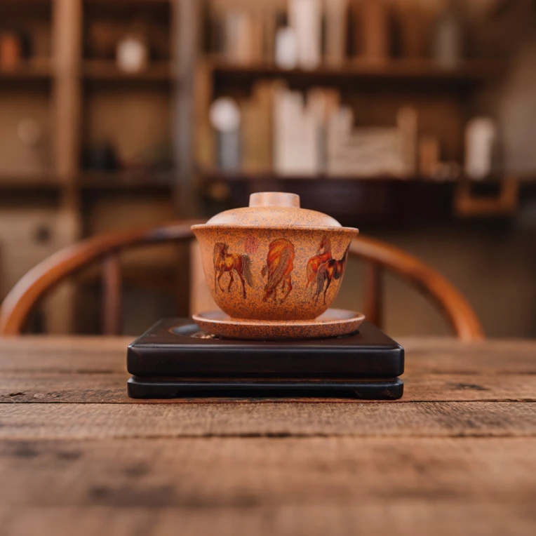 宜兴原矿紫砂纯手工手绘家用八骏图茶道精美大容量柴烧三才盖碗