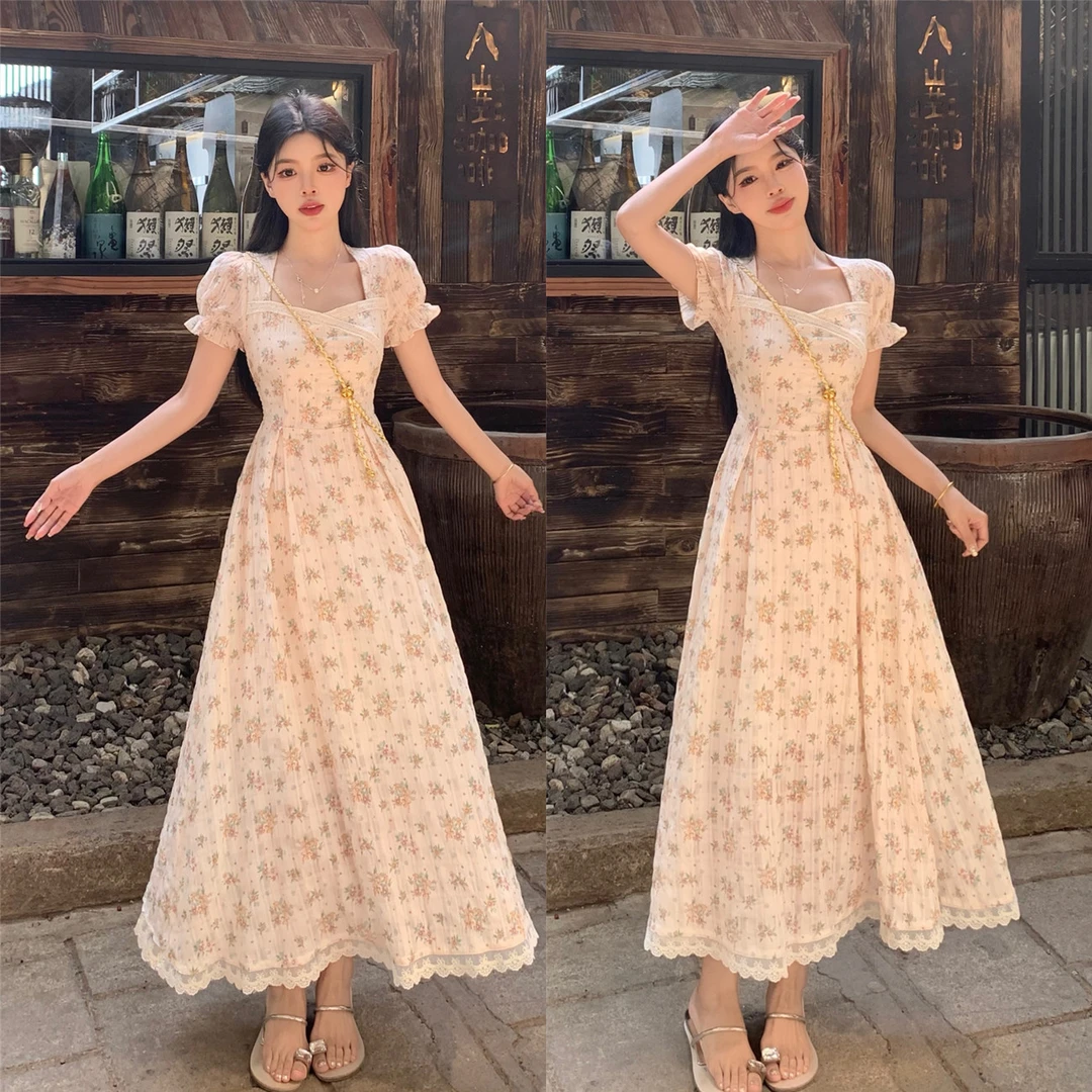 大码女装胖mm法式复古甜美印花短袖连衣裙蕾丝拼接气质显瘦中长裙