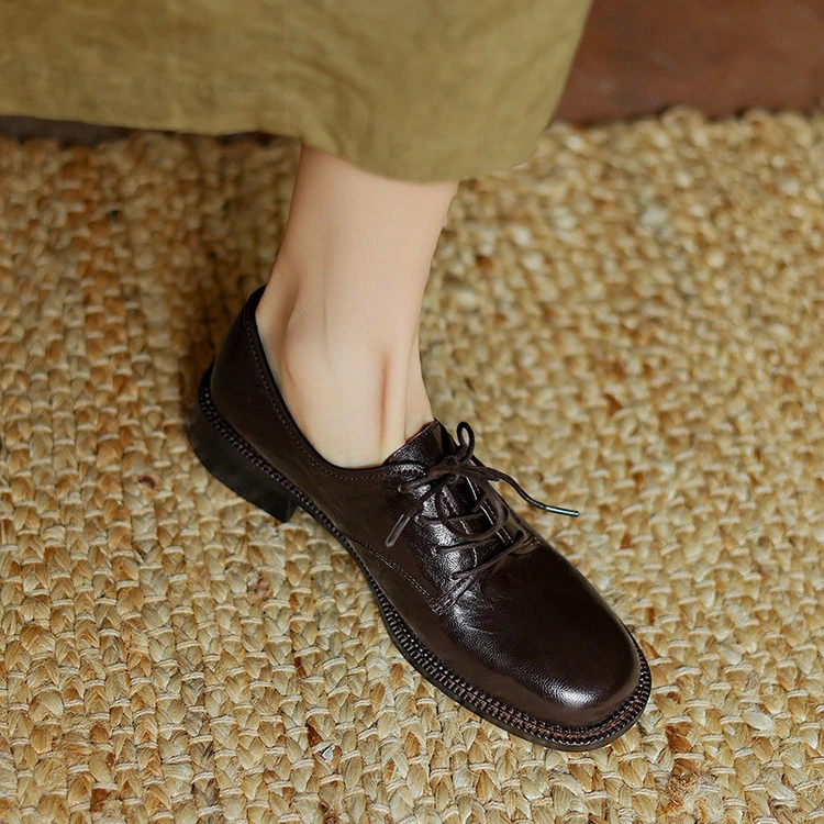 3cm 复古百搭单鞋春季英伦风小皮鞋通勤简约舒适软底时尚系带单鞋