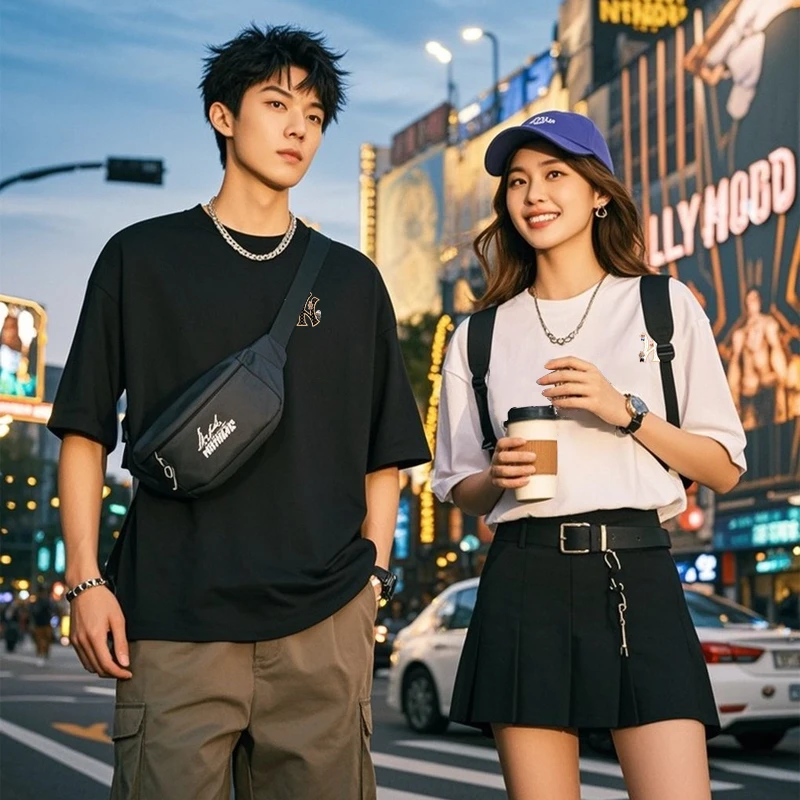 印花短袖T恤多巴胺平绣花朵短袖通用日常圆领常规款男士休闲夏季