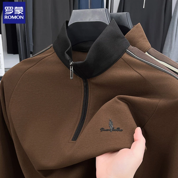 Romon/罗蒙男士春季卫衣半拉链立领时尚休闲上衣插肩拼色长袖t恤