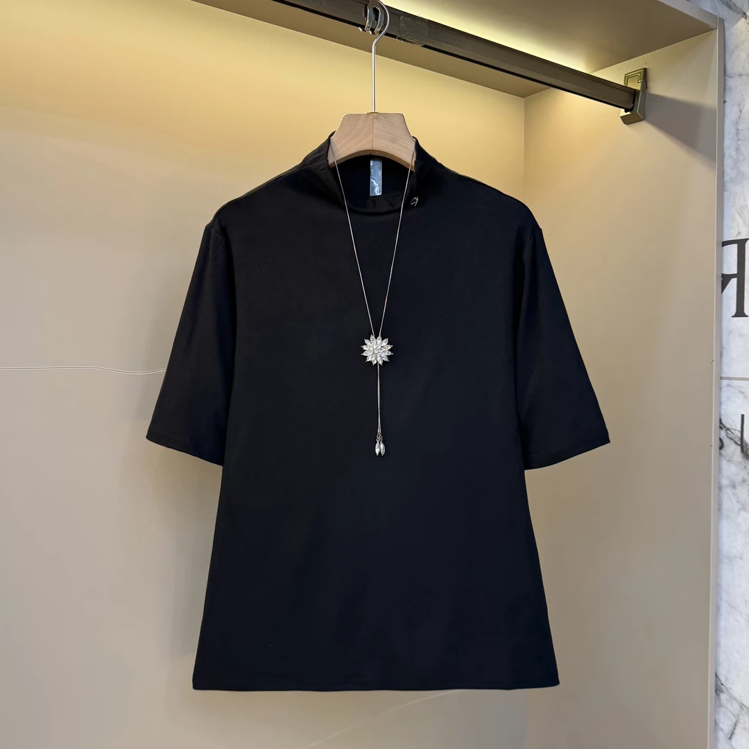 法式半高领设计感五分袖T恤女早秋2025新款修身百搭显瘦上衣25332