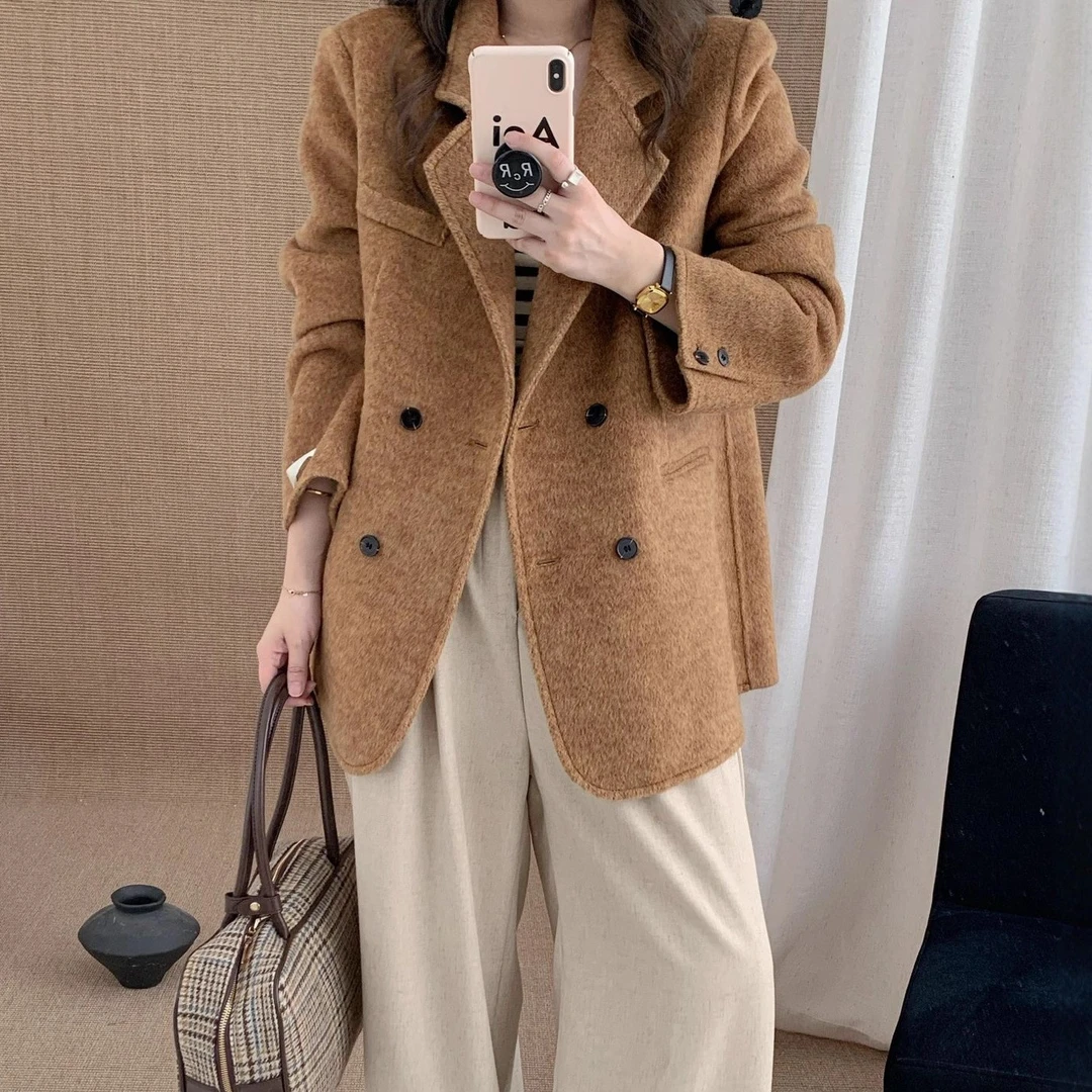 双面大衣女中长款双排扣西装垫肩加厚韩版宽松毛呢外套2025新款