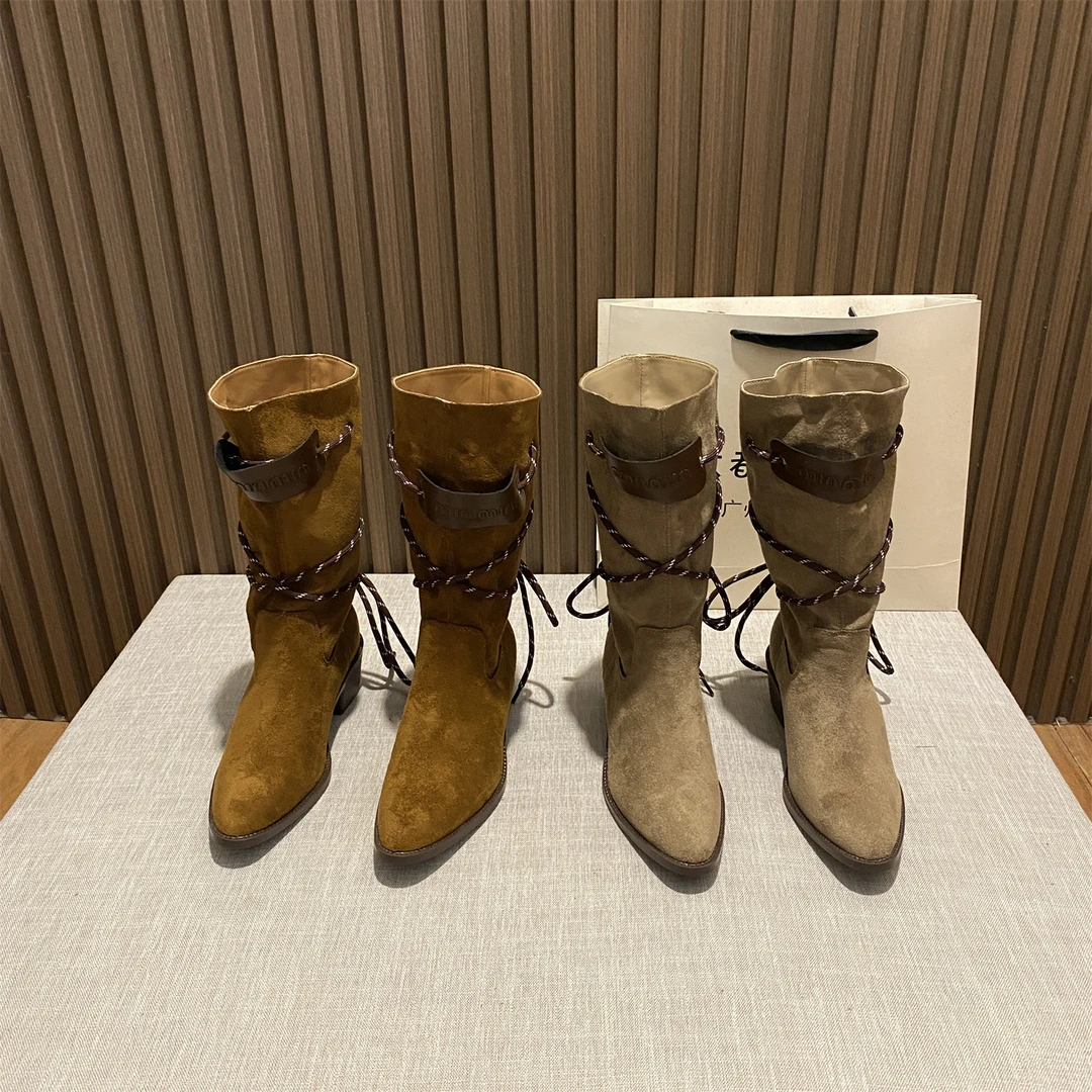 复古骑士靴2025新款绑带西部牛仔靴粗跟尖头高筒不过膝绒面中筒靴