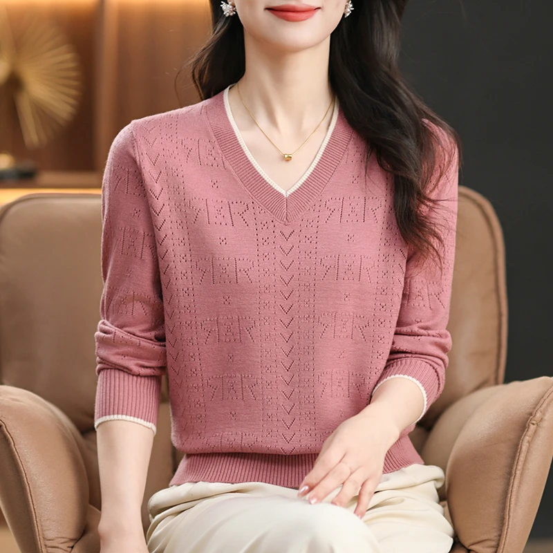 【绵羊毛】早秋新款爆款上衣女V领百搭洋气宽松慵懒风内搭针织长袖