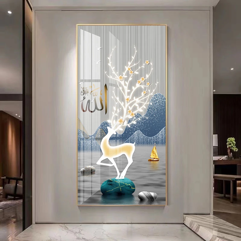 回族挂画对门走廊过道入户门玄关装饰画壁画现代玄幻晶瓷竖版玄关