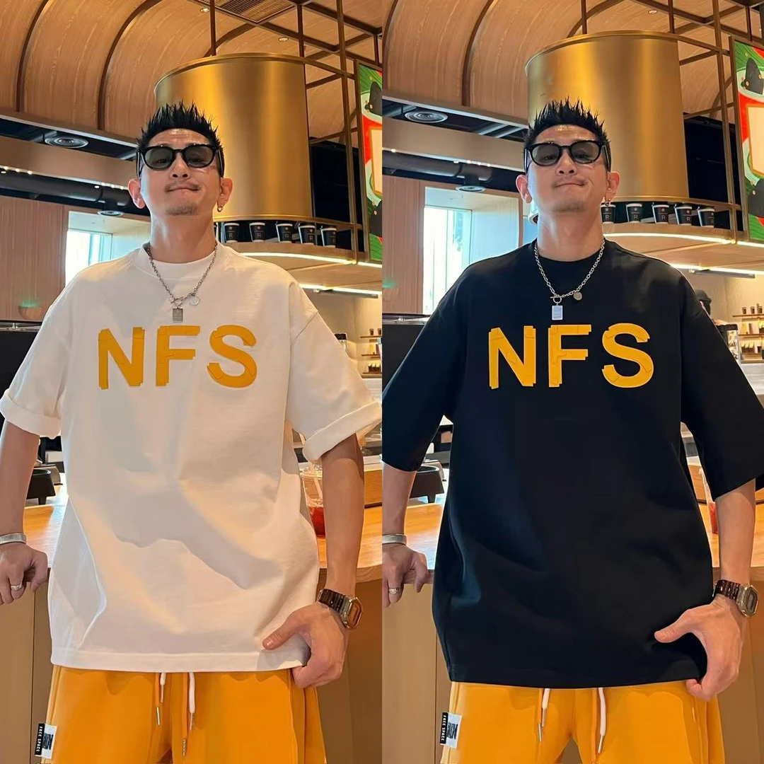 简约舒适休闲百搭纯棉字母印花立体设计感潮流圆领男款宽松半袖