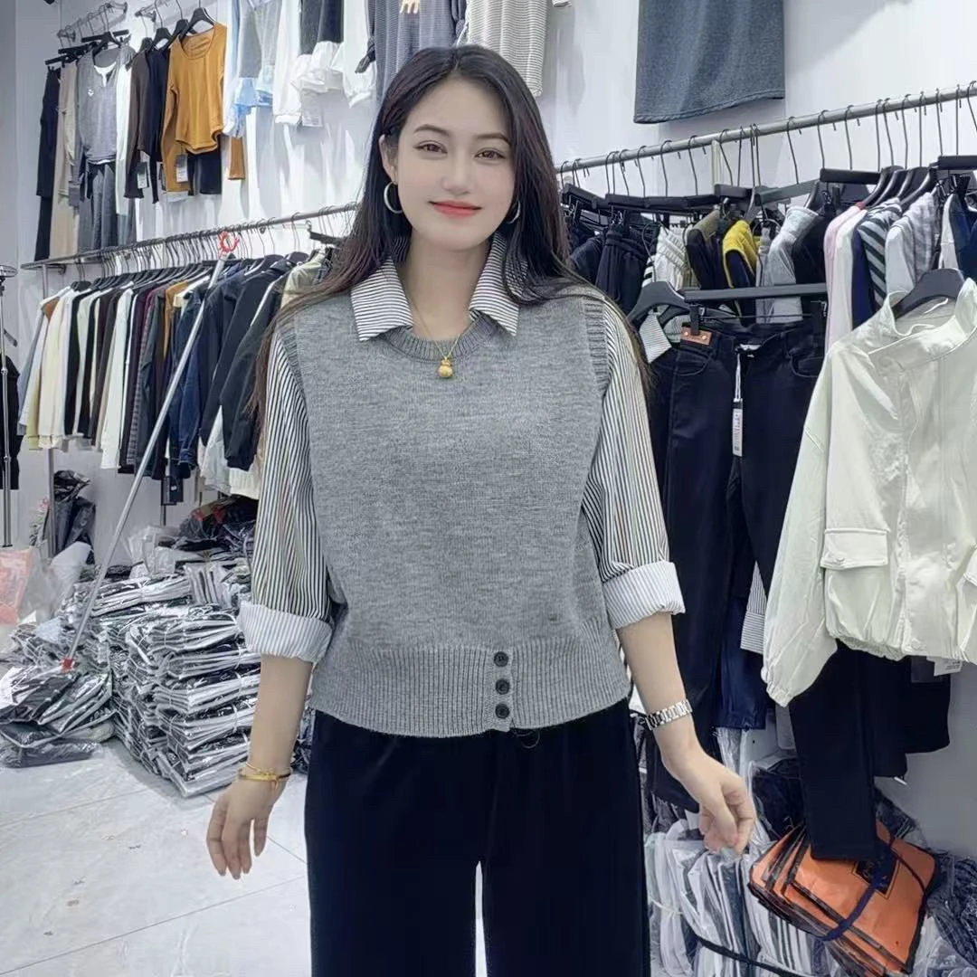 1233 韩版时尚休闲假两件上衣女针织拼接条纹衬衫女百搭衬衣