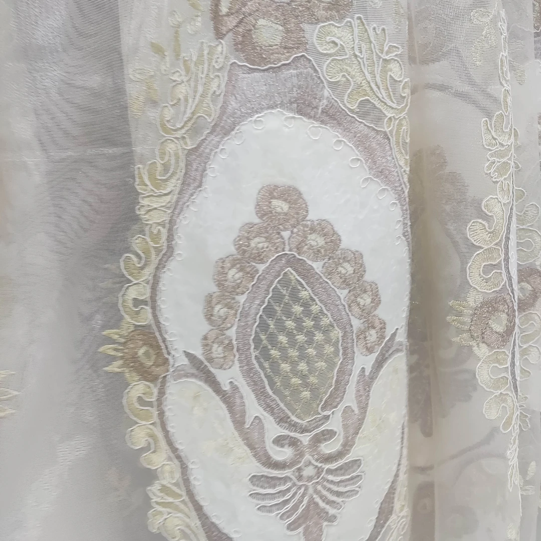 5305米色欧花纱帘宽4.95一片高度2.76米挂钩款