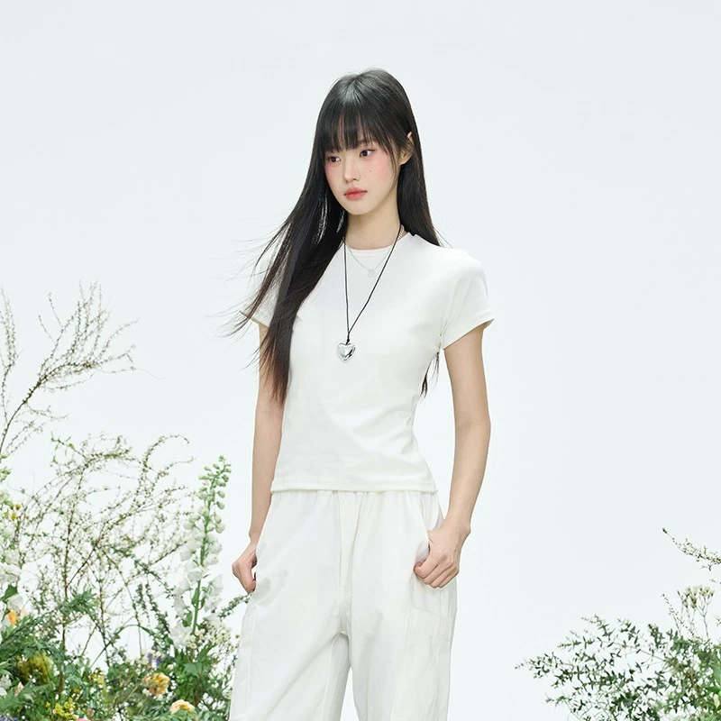 ELEVEN SLEEP灰色圆领修身显瘦上衣女简约通勤短袖t恤女2025新款