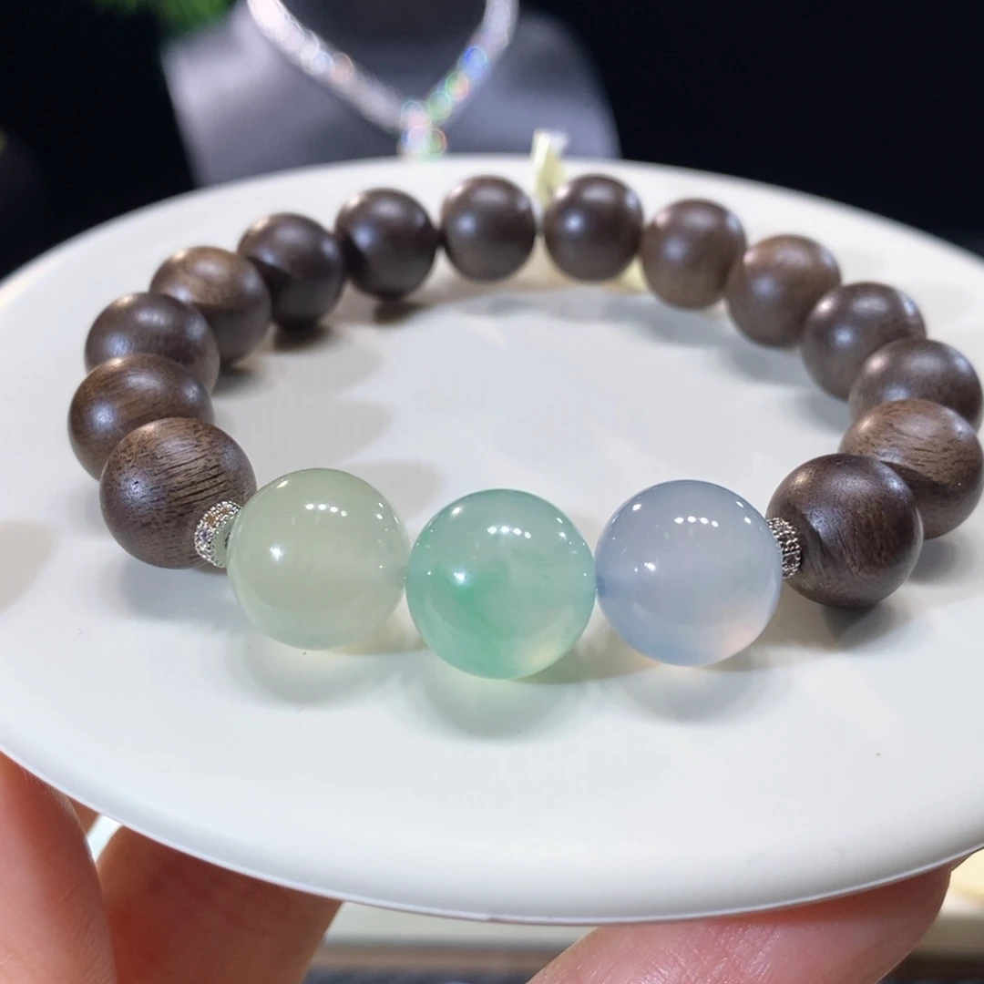 翡翠未镶嵌颈饰翡翠高冰三彩圆珠手串12+mm