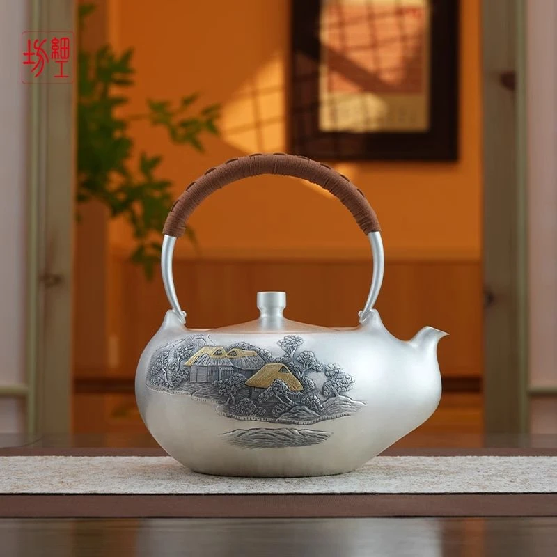 银壶煮茶壶烧水壶家用 口耳一张打工艺 田野自甘大银壶