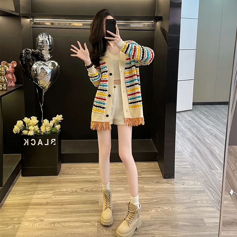 爆款毛衣外套女2025新款春秋洋气慵懒风宽松流苏外穿条纹针织开衫