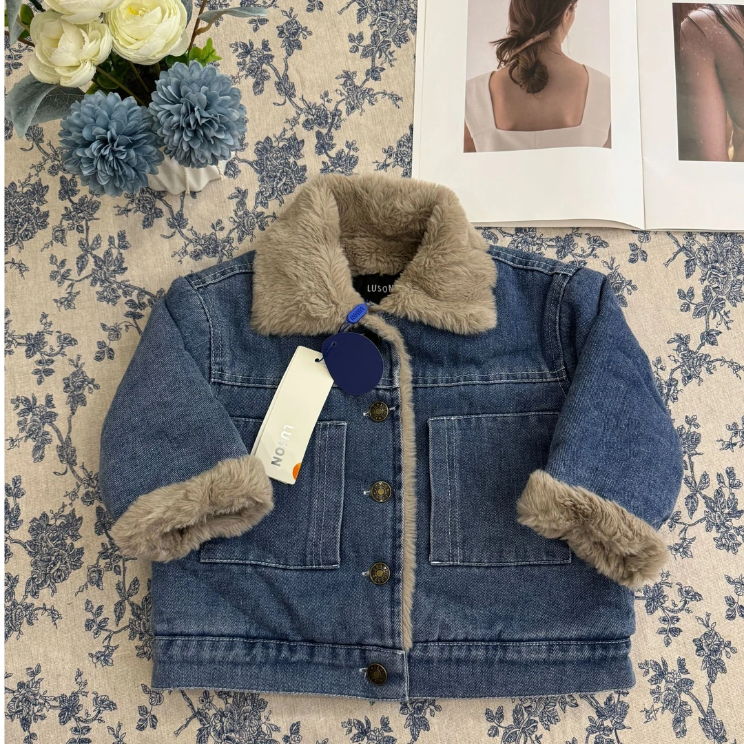 （大猪）冬季男女童牛仔外套加绒加厚时尚毛领外套