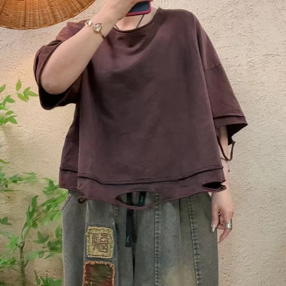 啵啵CM8205炒色底边袖口破洞百搭休闲短袖