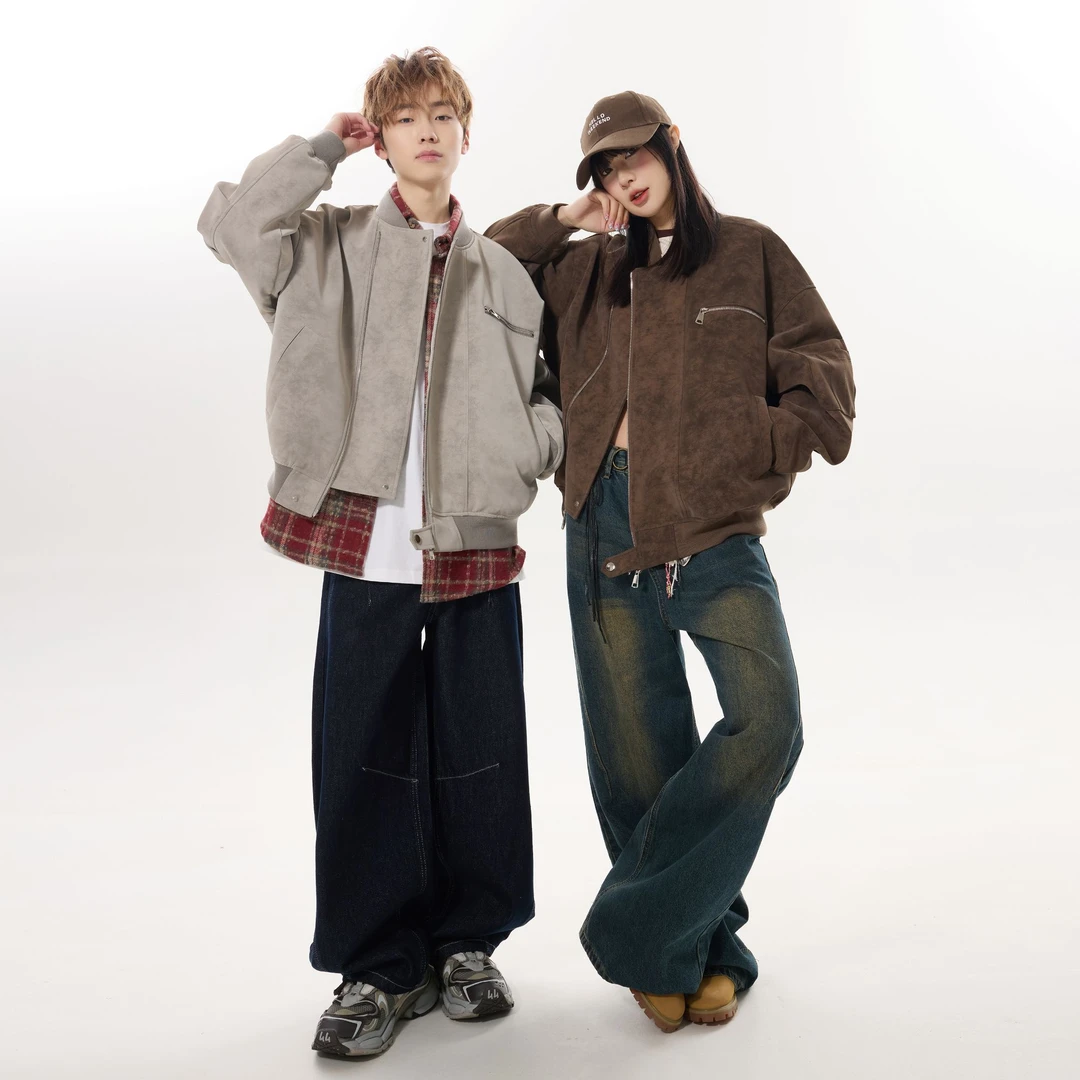 MANRE SHOW美拉德水洗皮衣外套男女款秋季美式复古潮流机车夹克