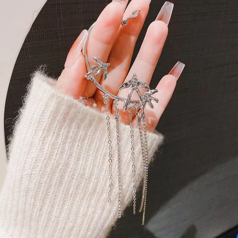 铜合金耳饰 轻奢长款流苏燕子耳夹女无耳洞耳饰重工高级耳挂小众