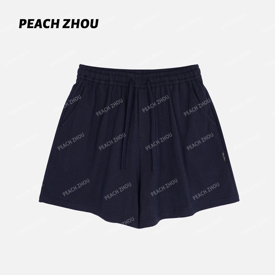『PEACHZHOU』基础纯色小黑标宽松阔腿短裤松紧腰休闲百搭四分卫裤