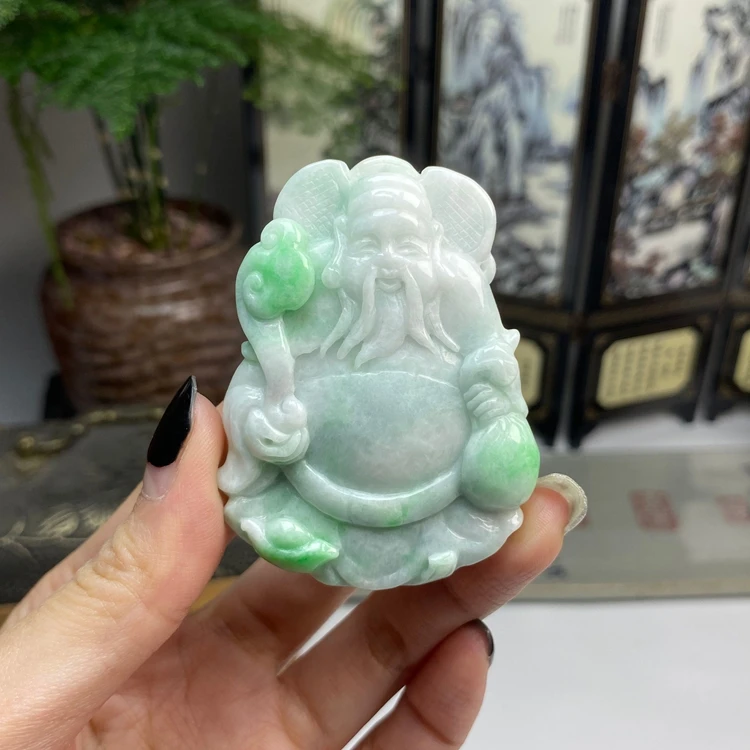飘绿白底青财神爷挂件 天然翡翠A货
