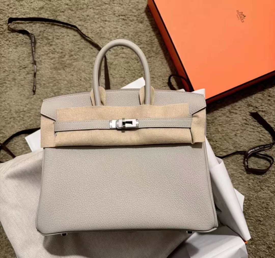 99新 Hermes/爱马仕 【小池专属】birkin25珍珠灰银扣TOGO皮U刻