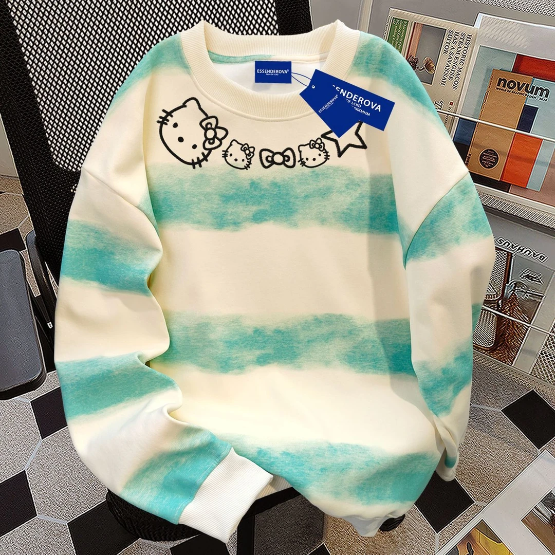 日系可爱小众扎染横条圆领卫衣男女秋冬季加绒加厚宽松显瘦上衣潮