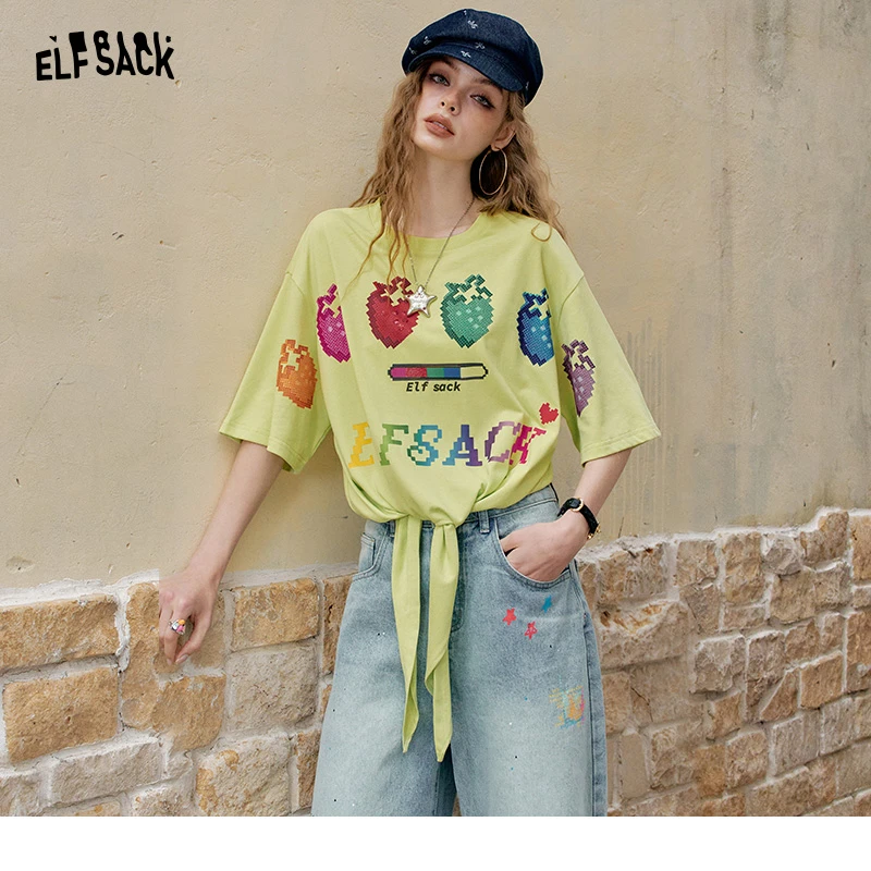 妖精的口袋多巴胺草莓印花系带短袖t恤女2025夏新款宽松休闲上衣