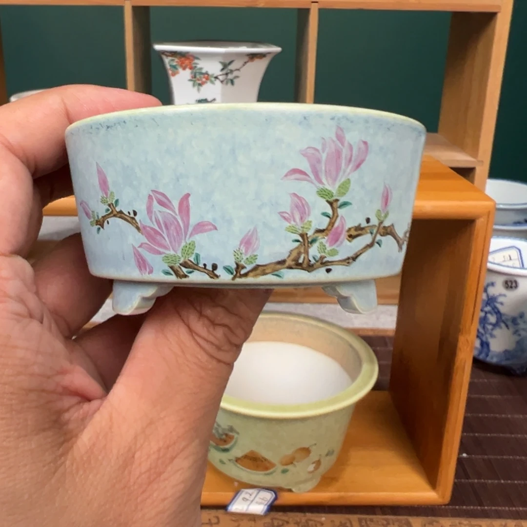 手工手绘粉玉兰花浅盆