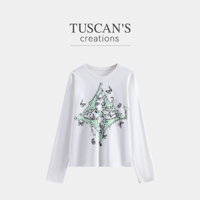 TUSCAN'S CREATIONS潮流百搭印花长袖圆领T恤休闲风女时代双鱼