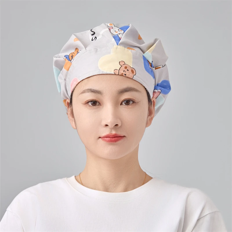 女医生护士蓬蓬帽大图爱心兔全棉印花牙科口腔宠物店美容院工作帽