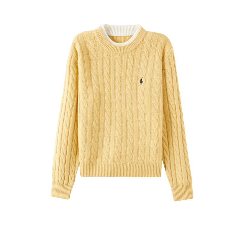 依家——6872圆领100%绵羊毛麻花双色领羊毛衫女士上衣套头