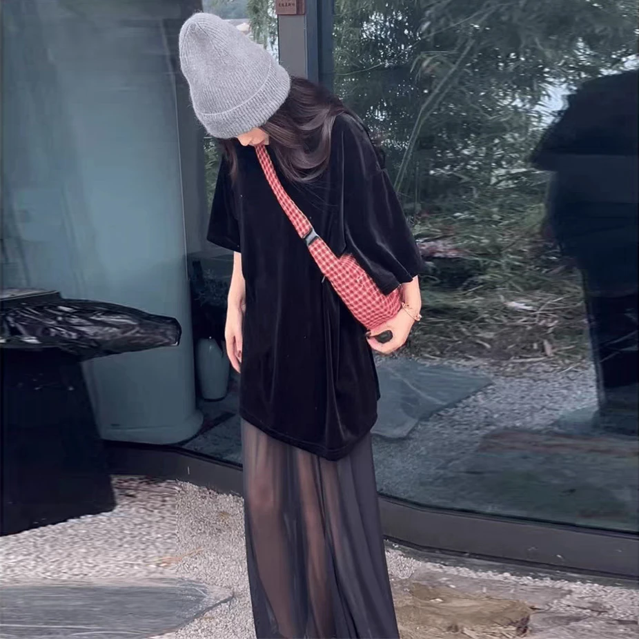 夏季新款半身裙女显瘦收腰高腰网纱长裙黑色气质T恤休闲两件套