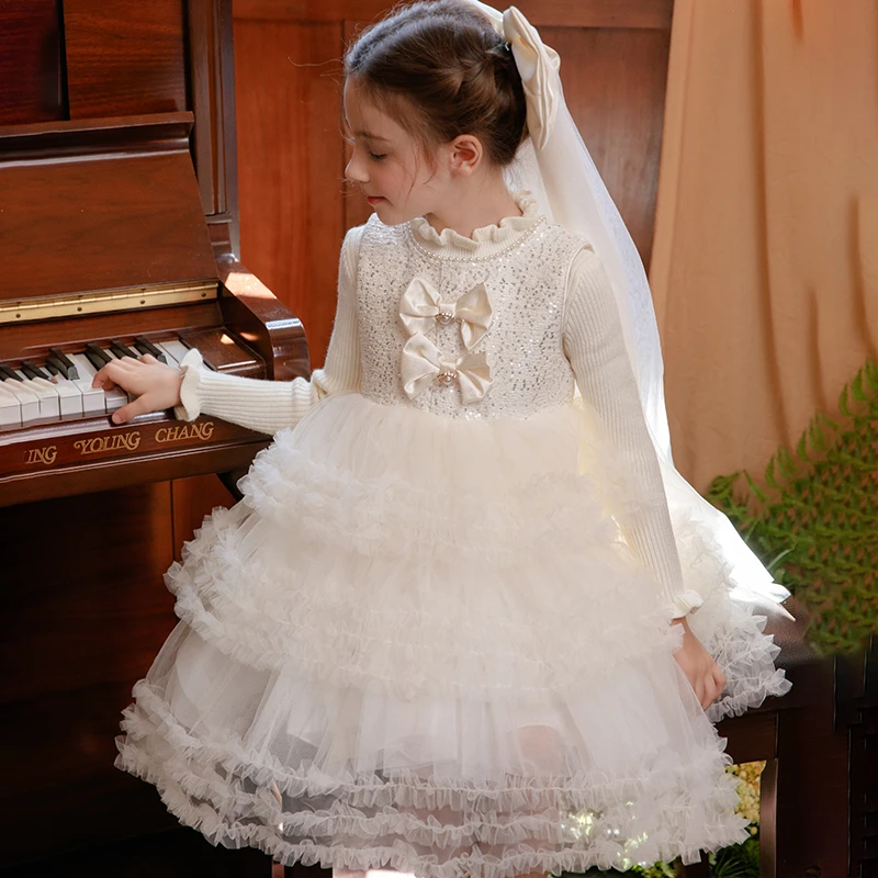 女童秋冬毛衣裙二件套装 新款儿童小女孩花童生日公主礼服连衣裙