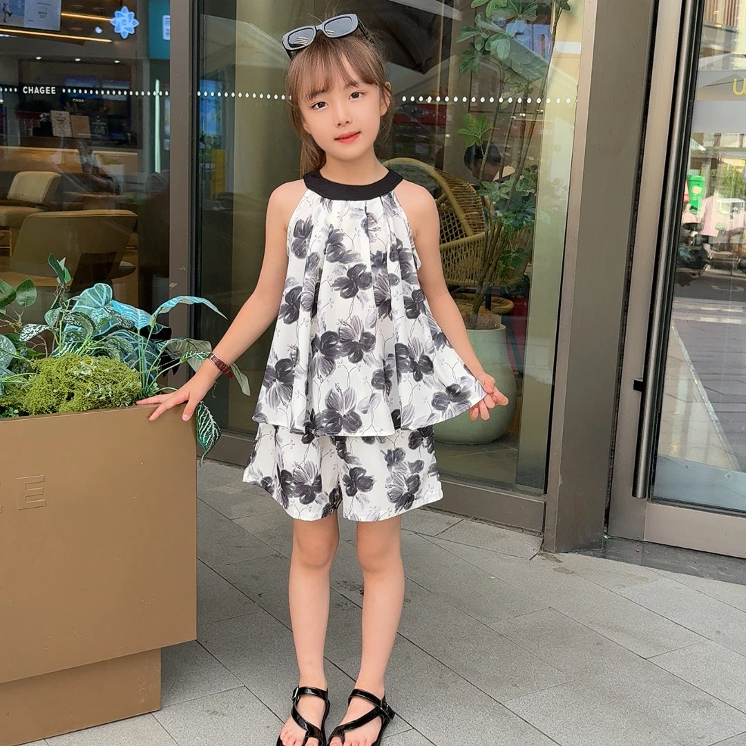 儿童夏季女韩版外穿印花纯色休闲风套头女童无袖宽松套装