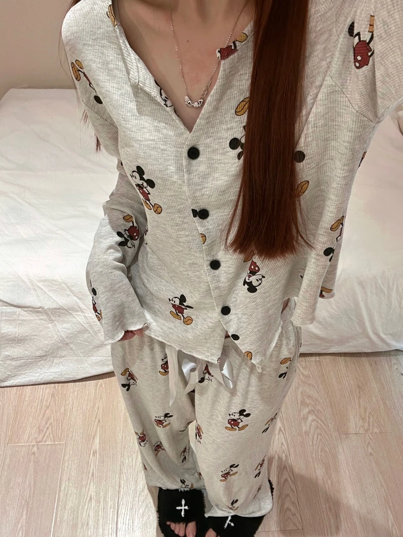 卡通ins风长袖睡衣可爱米奇春秋新款舒适莫代尔开衫家居服套装