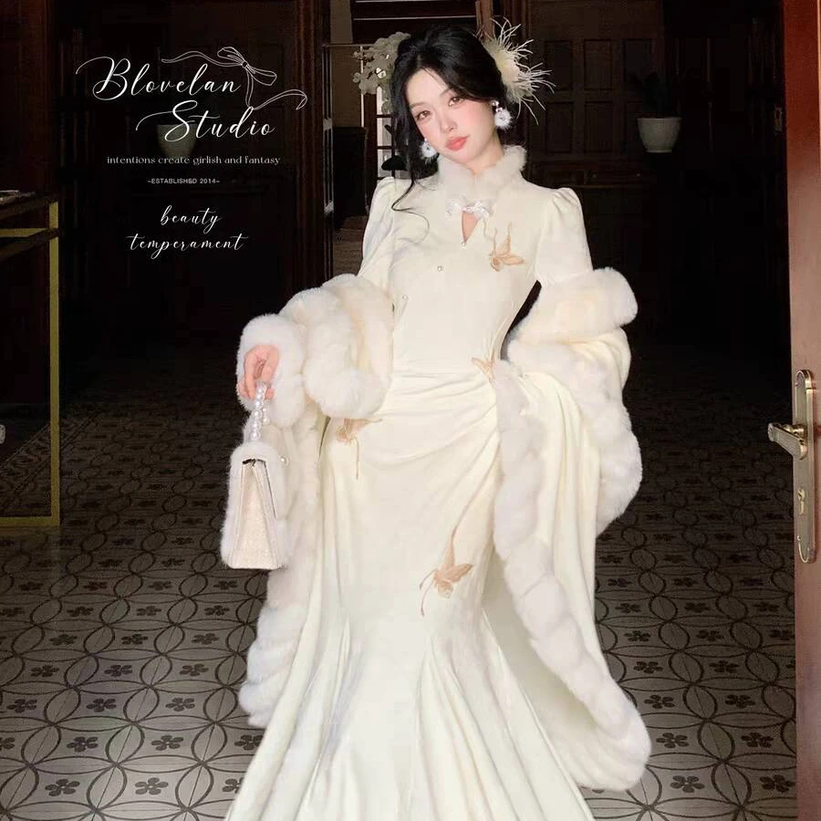 Blovelan白羽玲珑高级感大码半裙子新中式连衣裙千金国风鱼尾9185